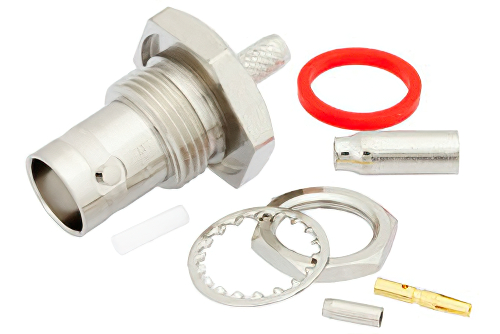 BNC メス バルクヘッドマウントコネクタ、圧着/はんだ接続、RG188-DS、RG316-DS、.480インチD穴