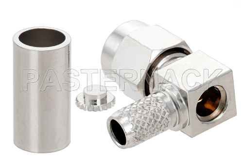 SMA オス 直角コネクタ、圧着/はんだ接続、RG58、RG303、RG141、PE-C195、PE-P195、LMR-195、.195インチ