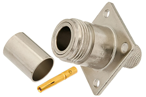 N メス コネクタ、圧着/はんだ接続、4ホールパネルマウント、RG214、RG9、RG225、RG393、.718インチ穴間隔