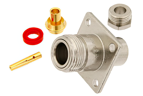 N メス コネクタ、クランプ/はんだ接続、4ホールパネルマウント、PE-SR402AL、PE-SR402FL、PE-SR402FLJ、PE-SR402TN、RG402、.718インチ穴間隔