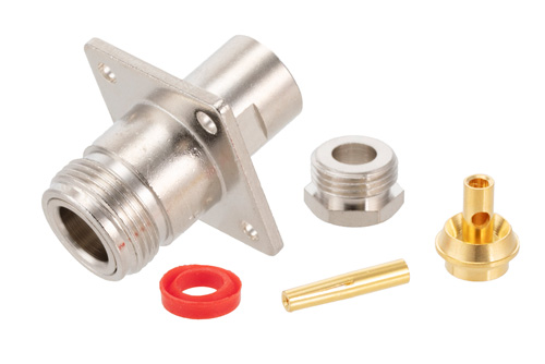 N メス コネクタ、クランプ/はんだ接続、4ホールパネルマウント、PE-SR405AL、PE-SR405FL、RG405、.718インチ穴間隔