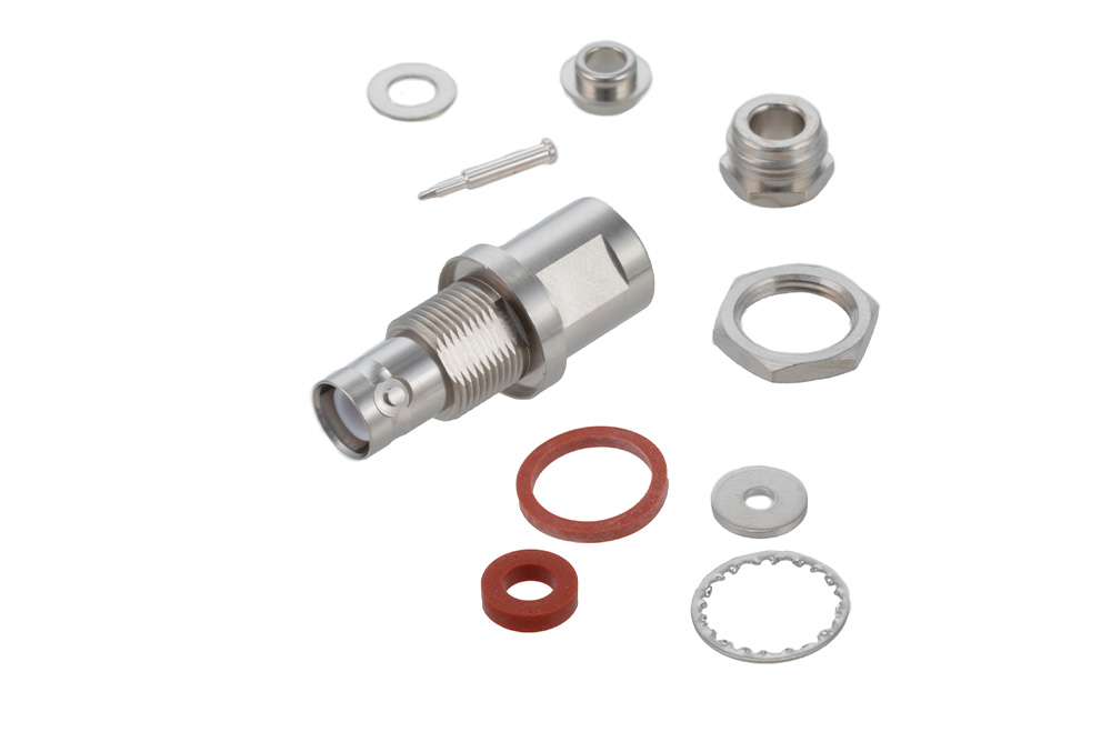 SHV ジャック バルクヘッドマウントコネクタ、クランプ/はんだ接続、RG58、RG142、RG223、RG400、RG141、RG303、RG55、LMR-400、PE-C195、PE-P195、.480インチD穴