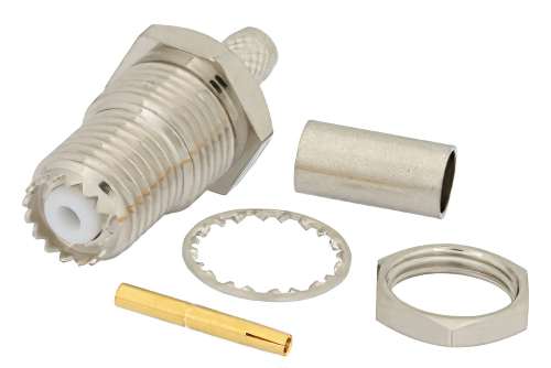 Mini UHF メス バルクヘッドマウントコネクタ、圧着/はんだ接続、RG55、RG141、RG142、RG223、RG400、.410インチD穴