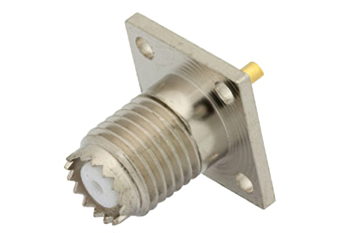 Mini UHF メス コネクタ、はんだ接続、4ホールパネルマウント、ソルダーカップターミナル、.437インチ穴間隔