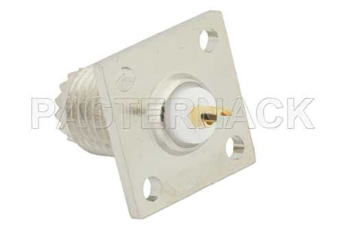 Mini UHF メス コネクタ、はんだ接続、4ホールパネルマウント、ソルダーカップターミナル、.437インチ穴間隔