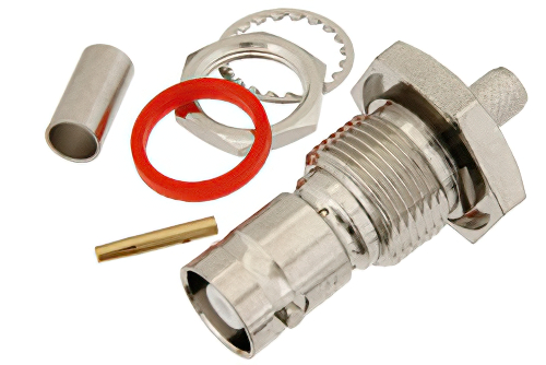 MHV メス バルクヘッドマウントコネクタ、圧着/はんだ接続、RG58、RG303、RG141、PE-C195、PE-P195、LMR-195、.195インチ