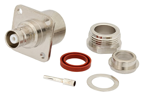 MHV メス コネクタ、クランプ/はんだ接続、4ホールパネルマウント、RG214、RG213、RG393、RG8、RG225、RG11、RG216、RG144、RG215、RG9、.718インチ穴間隔