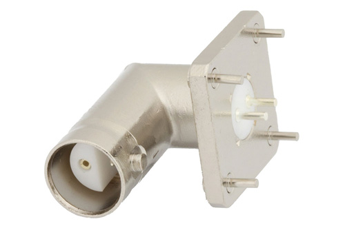 78 Ω BNC二軸 ジャック 直角コネクタ、はんだ接続、スルーホールPCB、.687インチx.500インチ穴間隔