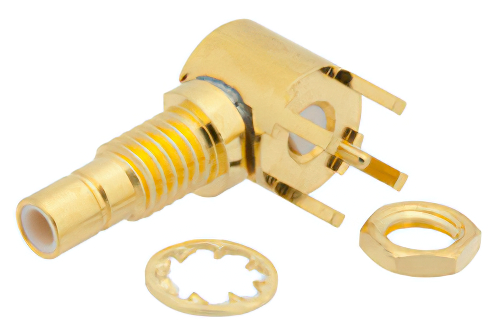 SMB ジャック 直角バルクヘッドマウントコネクタ、はんだ接続、スルーホールPCB、.177インチD穴