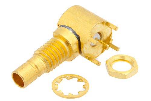 75 Ω Mini SMB ジャック 直角バルクヘッドマウントコネクタ、はんだ接続、スルーホールPCB、.177インチD穴