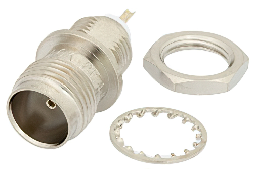 75 Ω TNC メス バルクヘッドマウントコネクタ、はんだ接続、ソルダーカップターミナル、.350インチD穴