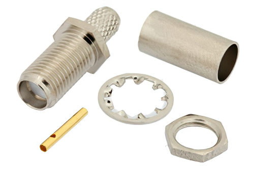 SMA メス バルクヘッドマウントコネクタ、圧着/はんだ接続、RG55、RG142、RG223、RG400、RG141、.235インチD穴