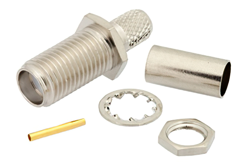 逆ネジ SMA メス バルクヘッドマウントコネクタ、圧着/はんだ接続、RG55、RG141、RG142、RG223、RG400、.235インチD穴