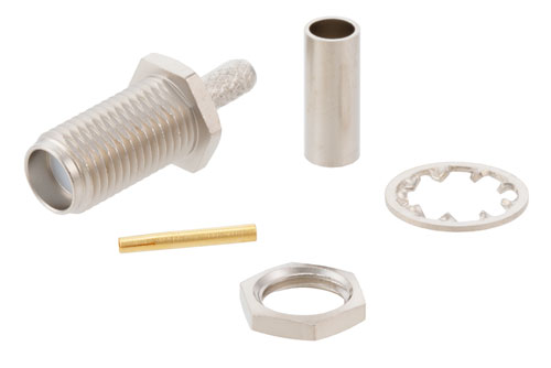 逆ネジ SMA メス バルクヘッドマウントコネクタ、圧着/はんだ接続、.100インチ、RG316、RG174、RG188、LMR-100、LMR-100A、LMR-100A-FR、PE-C100、PE-B100、.235インチD穴