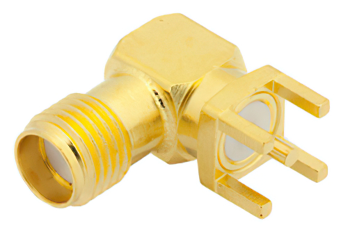 逆ネジ SMA メス 直角コネクタ、はんだ接続、スルーホールPCB、.200インチx.067インチ穴間隔