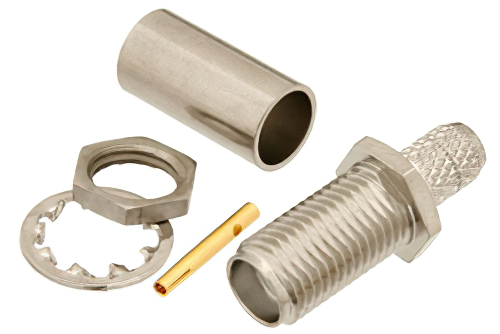 SMA メス バルクヘッドマウントコネクタ、圧着/はんだ接続、RG58、.235インチD穴