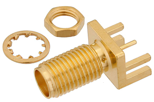 SMA メス バルクヘッドマウントコネクタ、はんだ接続、.062インチエンドランチPCB、.250インチ直径、.030インチ直径