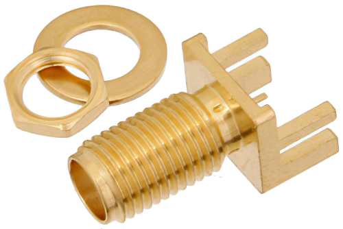 SMA メス バルクヘッドマウントコネクタ、はんだ接続、.062インチエンドランチPCB、.250インチ直径、.375インチx.500インチ端子