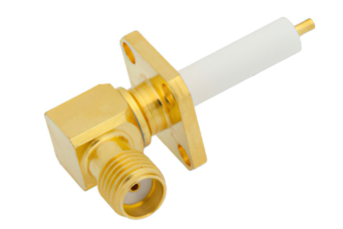 SMA メス 直角コネクタ、はんだ接続、4ホールパネルマウント、ピンターミナル、.340インチ穴間隔