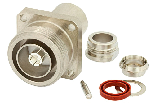 7/16 DIN メス コネクタ、クランプ/はんだ接続、4ホールパネルマウント、RG214、RG213、RG393、RG8、RG225、RG215、RG9、.975インチ穴間隔