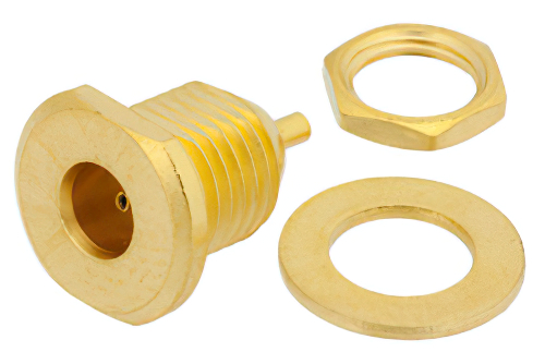 75 Ω MCX ジャック バルクヘッドマウントコネクタ、はんだ接続、ソルダーカップターミナル、.235インチD穴