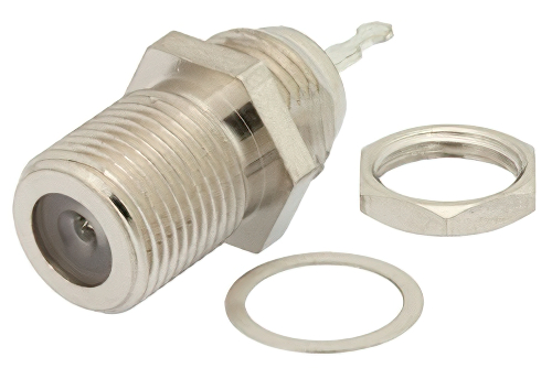 75 Ω F メス バルクヘッドマウントコネクタ、はんだ接続、タブターミナル、.380インチDD穴