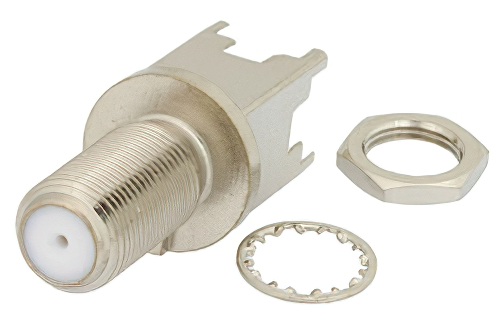 75 Ω F メス バルクヘッドマウントコネクタ、はんだ接続、スルーホールPCB、.340インチx.091インチ穴間隔