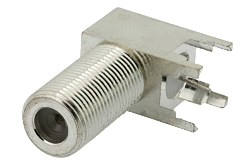 75 Ω F メス 直角コネクタ、はんだ接続、スルーホールPCB、.320インチx.091インチ穴間隔