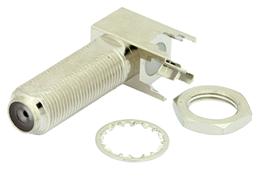 75 Ω F メス 直角バルクヘッドマウントコネクタ、はんだ接続、スルーホールPCB、.350インチD穴