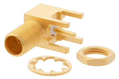 逆極性 MCX ジャック 直角バルクヘッドマウントコネクタ、はんだ接続、スルーホールPCB、.177インチD穴