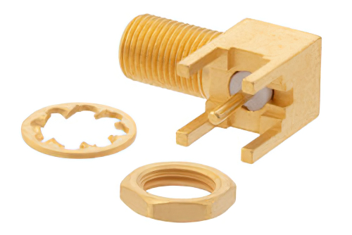 逆極性 MCX ジャック 直角バルクヘッドマウントコネクタ、はんだ接続、スルーホールPCB、.177インチD穴