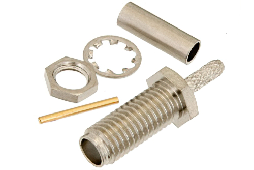 SSMA メス バルクヘッドマウントコネクタ、圧着/はんだ接続、RG178、RG196、.177インチD穴