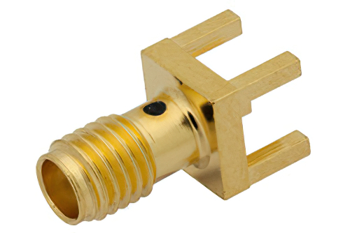 SSMA メス コネクタ、はんだ接続、スルーホールPCB、.200インチx.067インチ穴間隔