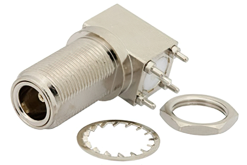 N メス 直角バルクヘッドマウントコネクタ、はんだ接続、スルーホールPCB、.596インチD穴