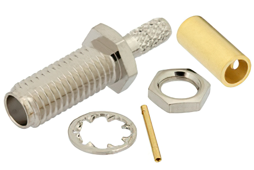 SSMA メス バルクヘッドマウントコネクタ、はんだ接続、RG188-DS、RG316-DS、.177インチD穴