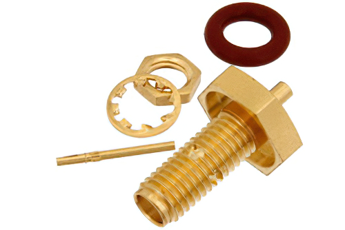 SSMA メス バルクヘッドマウントコネクタ、はんだ接続、PE-034SR、.177インチD穴