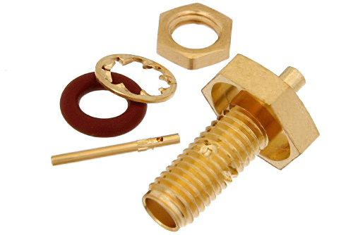 SSMA メス バルクヘッドマウントコネクタ、はんだ接続、PE-047SR、PE-SR047AL、PE-SR047FL、.177インチD穴