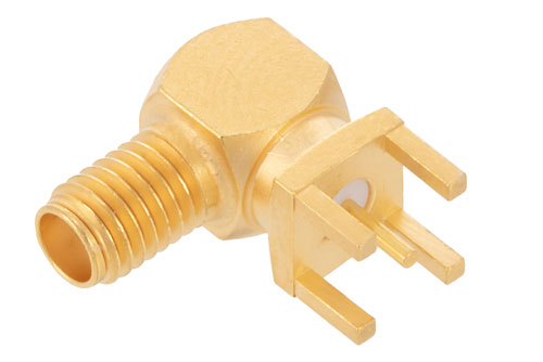 SSMA メス 直角コネクタ、はんだ接続、スルーホールPCB、.200インチx.067インチ穴間隔