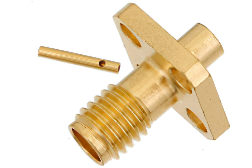 SSMA メス コネクタ、はんだ接続、4ホールパネルマウント、PE-SR405AL、PE-SR405FL、RG405、.232インチ穴間隔