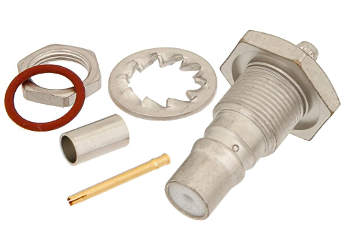 QMA メス バルクヘッドマウントコネクタ、圧着/はんだ接続、RG316-DS、RG188-DS、.268インチD穴