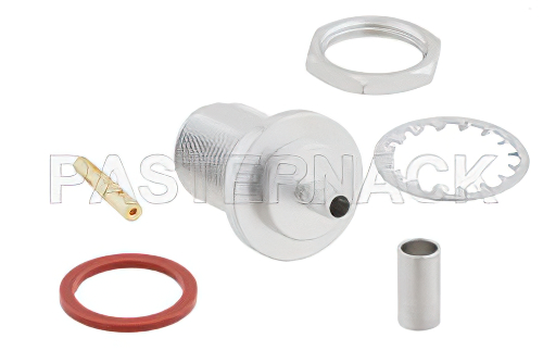 N メス バルクヘッドマウントコネクタ、圧着/はんだ接続、PE-C195、PE-P195、RG58、RG141、RG303、LMR-195、.195インチ、.640インチDD穴