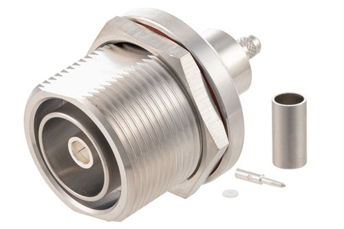 7/16 DIN メス バルクヘッドマウントコネクタ、圧着/はんだ接続、.195インチ、RG58、RG141、RG303、LMR-195、LMR-195-FR、PE-C195、PE-P195、1.161インチDD穴