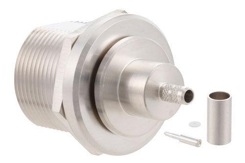 7/16 DIN メス バルクヘッドマウントコネクタ、圧着/はんだ接続、.195インチ、RG58、RG141、RG303、LMR-195、LMR-195-FR、PE-C195、PE-P195、1.161インチDD穴