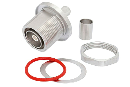 7/16 DIN メス バルクヘッドマウントコネクタ、圧着/はんだ接続、.400インチ、LMR-400、LMR-400-DB、LMR-400-UF、PE-B405、PE-C400、PE-B400、1.161インチDD穴