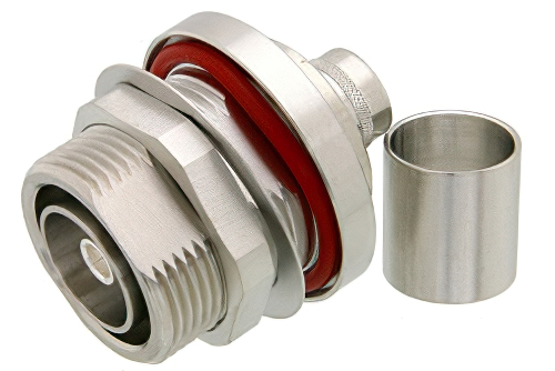 7/16 DIN メス バルクヘッドマウントコネクタ、圧着/はんだ接続、PE-C600、LMR-600、LMR-600-DB、.600インチ、1.161インチDD穴