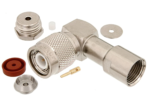 TNC オス 直角コネクタ、クランプ/はんだ接続、RG178、RG196