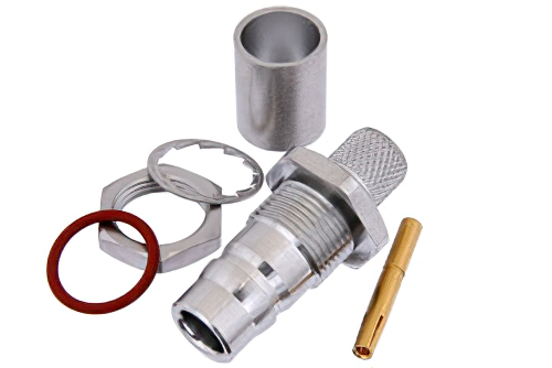 QN メス バルクヘッドマウントコネクタ、圧着/はんだ接続、RG213、RG215、.500インチ直径