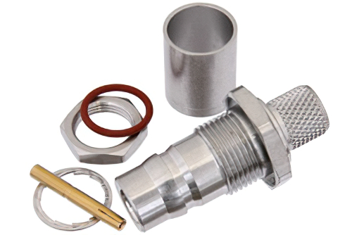 QN メス バルクヘッドマウントコネクタ、圧着/はんだ接続、RG214、RG225、.500インチ直径