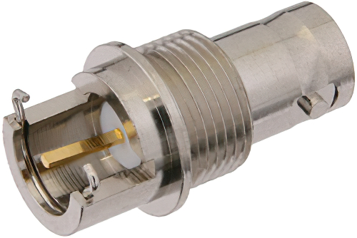 75 Ω BNC メス バルクヘッドマウントコネクタ、はんだ接続、エンドランチPCB、.500インチ直径