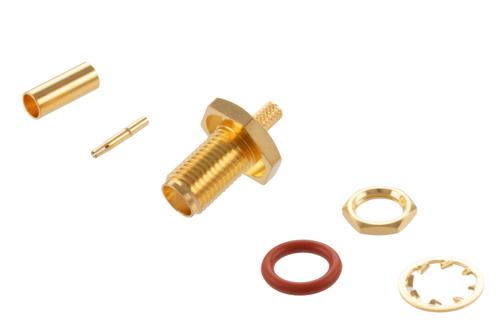 SMA メス バルクヘッドマウントコネクタ、圧着/はんだ接続、RG174、RG316、RG188、.100インチ、PE-B100、PE-C100、LMR-100、.235インチD穴